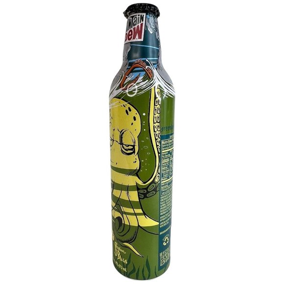 Mountain Dew Bottle Aluminum Octopus Green Label Art Stephen Bliss Empty - Picture 5 of 8